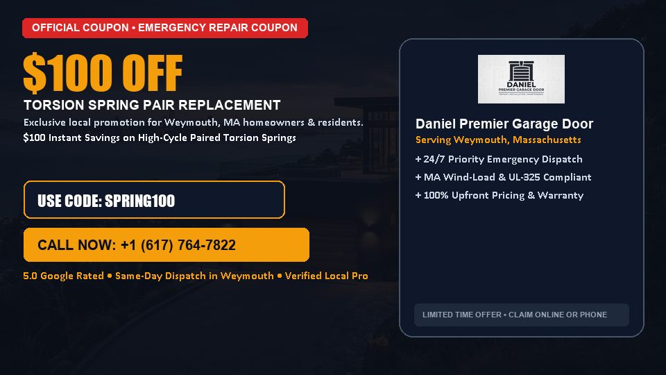 $100 OFF Dual High-Cycle Torsion Spring Replacement in Weymouth, MA - Daniel Premier Garage Door